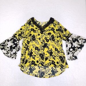 EST 1946 Floral Bell Sleeve Blouse L Yellow Black Contrast Hem Boho Chic Cottage